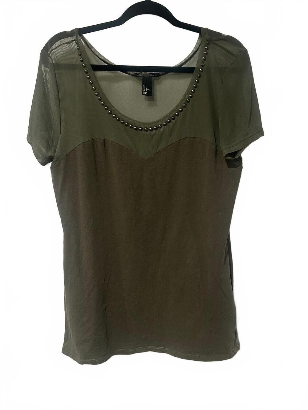 H&M Olive Green Studded mesh Short Sleeve Top